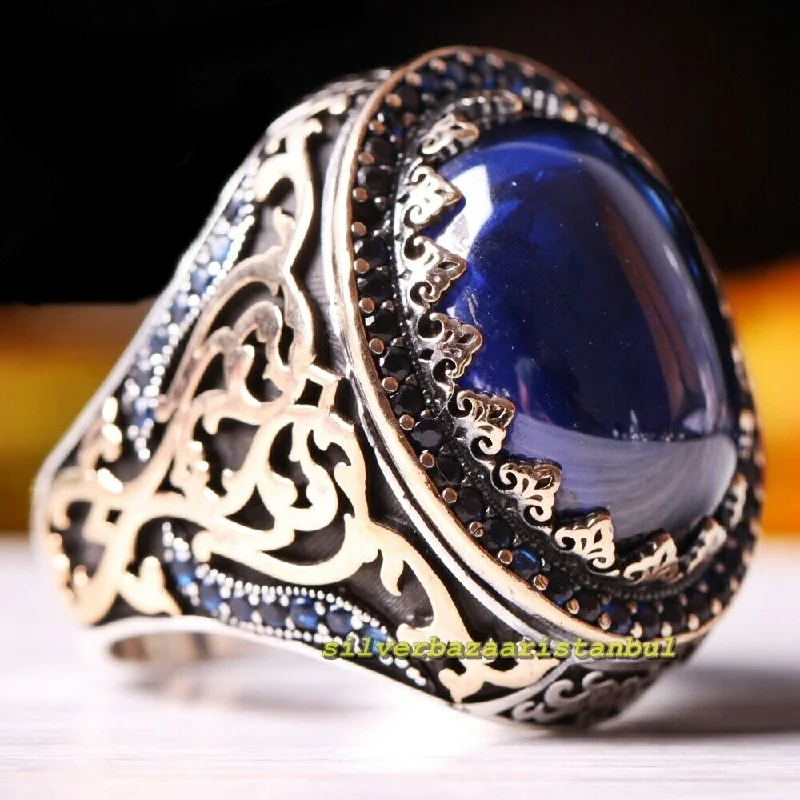 Gorgeous Blue Sapphire Stone Heavy 925 Sterling Silver Mens Ring