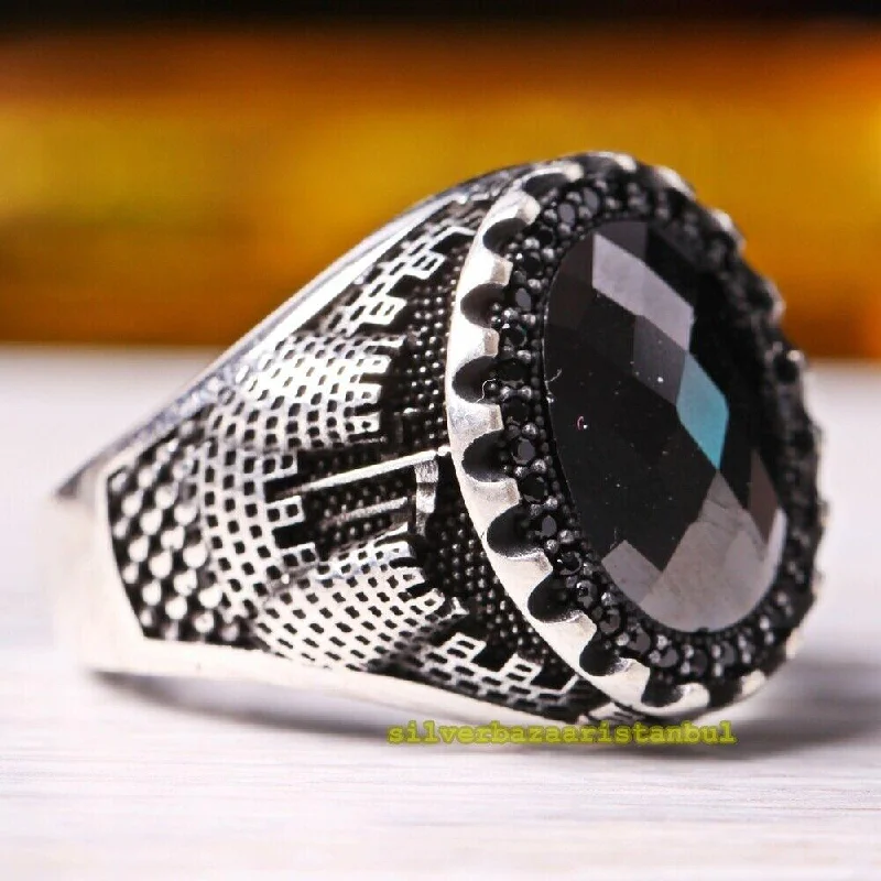 Handmade 925 Sterling Silver Castle Design Onyx Stone Mens Ring