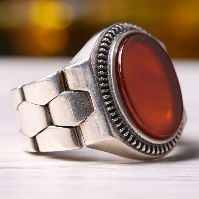 Handmade 925 Sterling Silver Clock Style Agate Aqeeq Stone Mens Ring