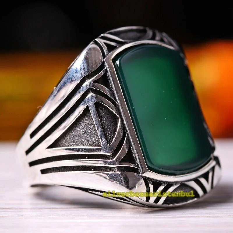 Handmade 925 Sterling Silver Custom Emerald Stone Green Mens Ring