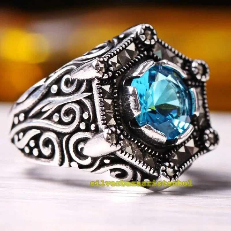 Handmade 925 Sterling Silver Dark Color Aquamarine Stone Mens Ring