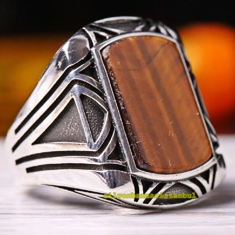 Handmade 925 Sterling Silver Elegant Tigers Eye Mens Ring