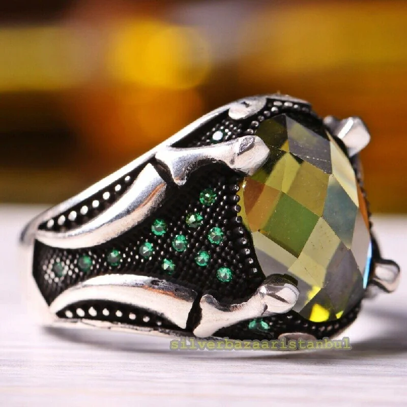 Handmade 925 Sterling Silver Emerald and Peridot Multi Stone Mens Ring