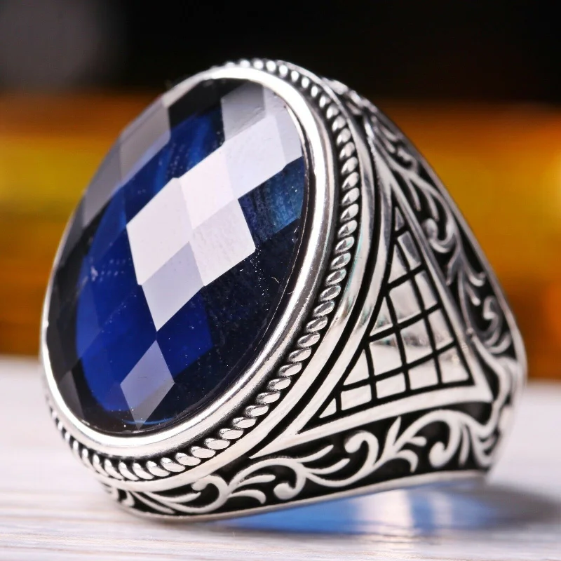 Handmade 925 Sterling Silver Facet Sapphire Stone Mens Ring