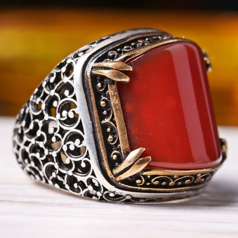 Handmade 925 Sterling Silver Four Corners Agate Aqeeq Stone Mens Ring