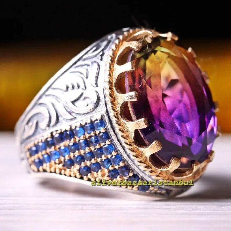 Handmade 925 Sterling Silver Multi Color  Mens Ring