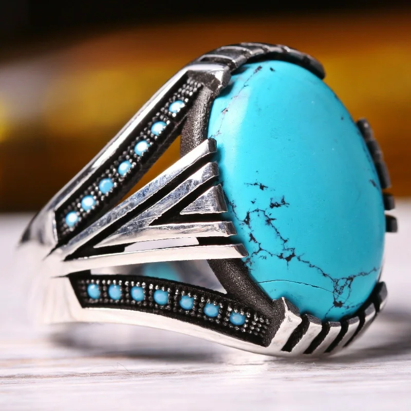 Handmade 925 Sterling Silver Multi Turquoise Stone Mens Ring