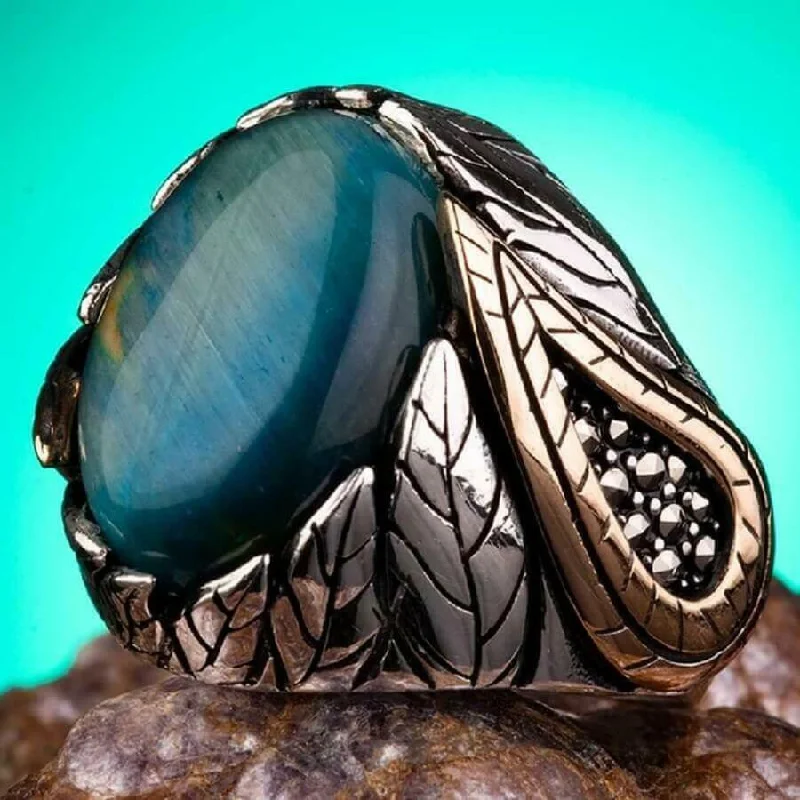 Handmade 925 Sterling Silver Natural Blue Tigers Eye Stone Mens Ring