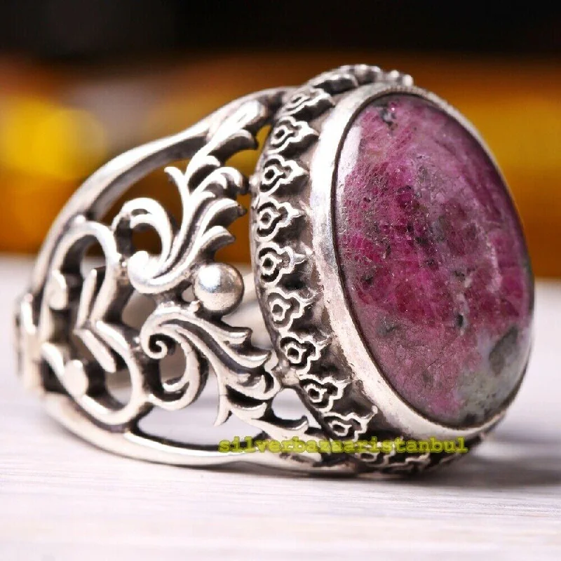 Handmade 925 Sterling Silver Original Natural Agate Stone Heavy Mens Ring