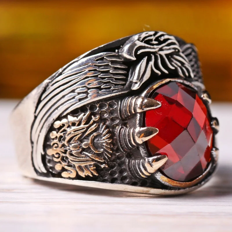 Handmade 925 Sterling Silver Ottaman Eagle Ruby Stone Mens Ring