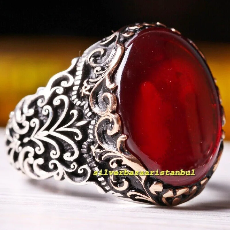 Handmade 925 Sterling Silver Red Agate Aqeeq Stone Mens Ring