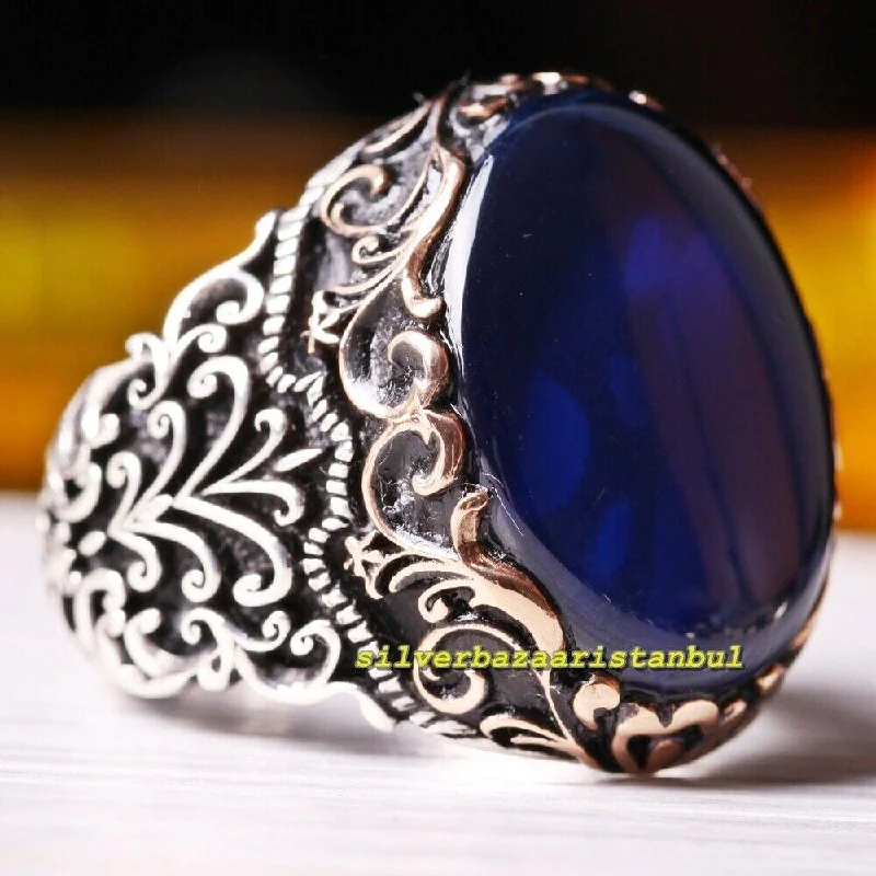 Handmade 925 Sterling Silver Sapphire Stone Mens Ring