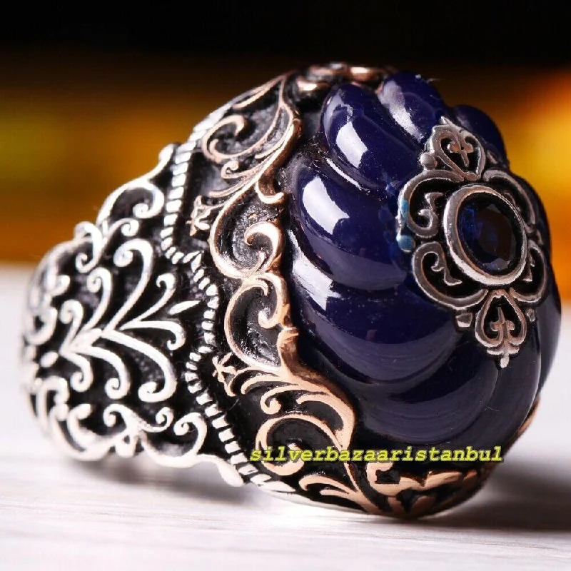 Handmade 925 Sterling Silver Turban Blue Sapphire Stone Mens Ring