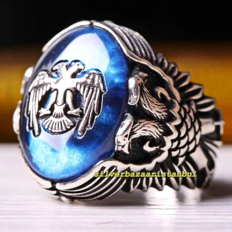 Handmade Double Eagle Sapphire Stone 925 Sterling Silver Mens Ring