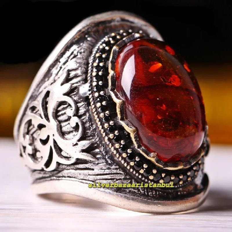 Handmade Mens Luxury Amber and Onyx Stone 925 Sterling Silver Ring