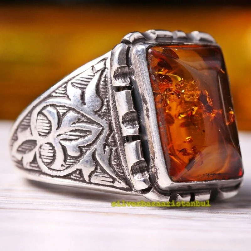 Handmade Natural Baltic Orange Amber 925 Sterling Silver Mens Ring