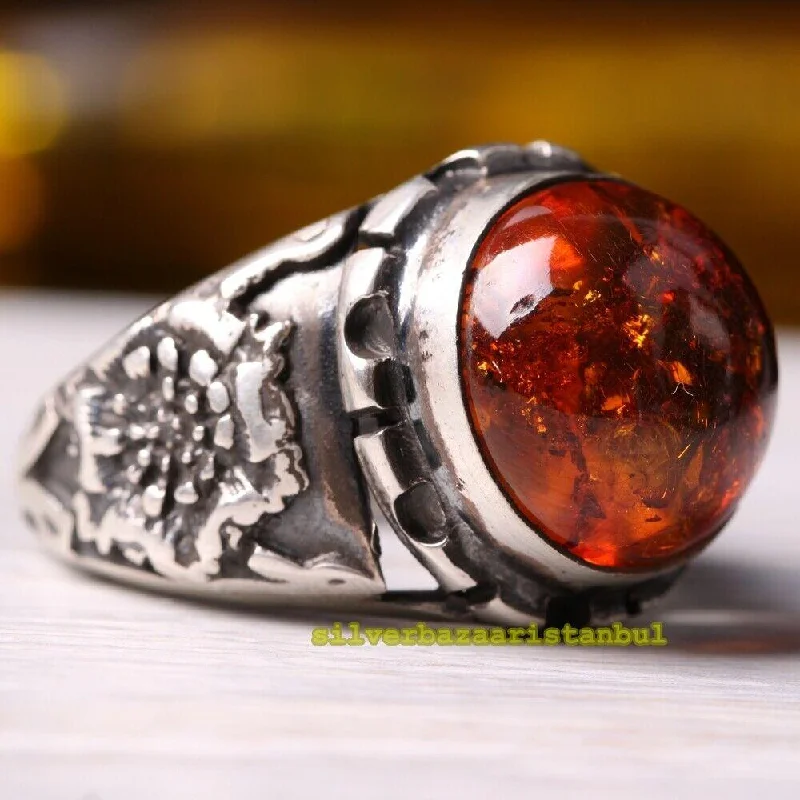 Handmade Natural Orange Amber Stone 925 Sterling Silver Mens Ring