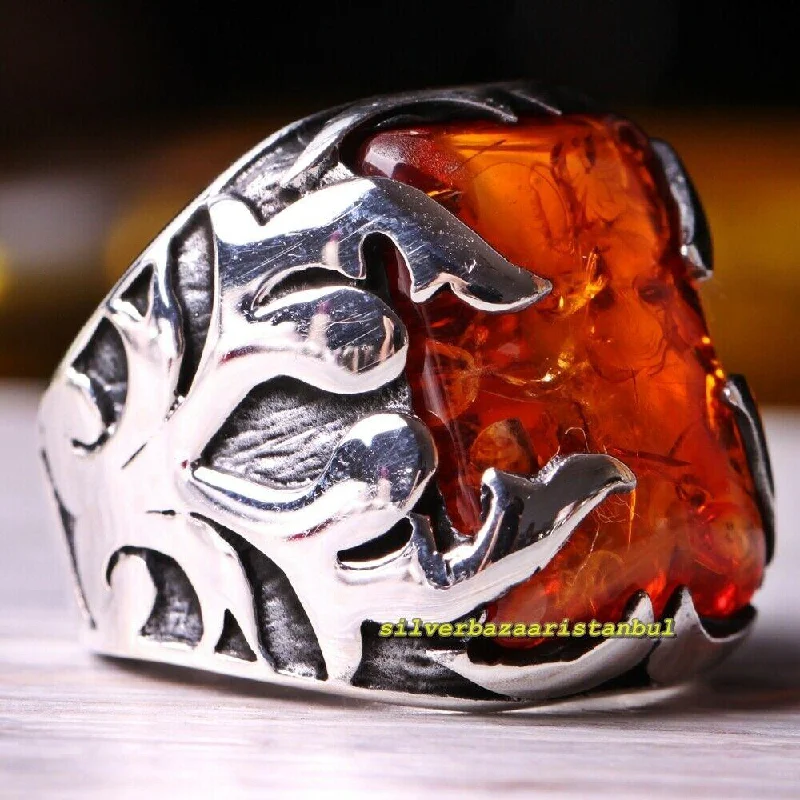 Handmade Orange Amber Stone 925 Sterling Silver Mens Ring