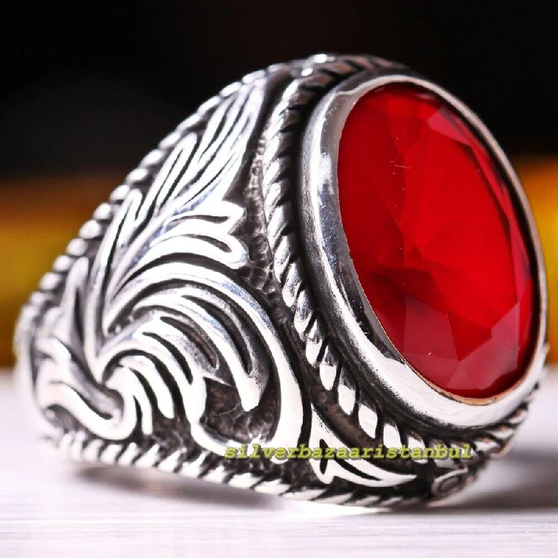 Heavy Ruby Stone Turkish Handmade 925 Sterling Silver Mens Ring