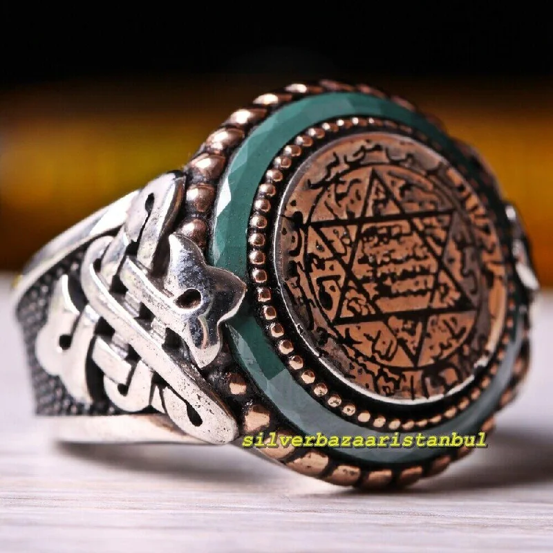 Islamic Emerald Seal Of Solomon Handmade 925 Sterling Silver Mens Ring