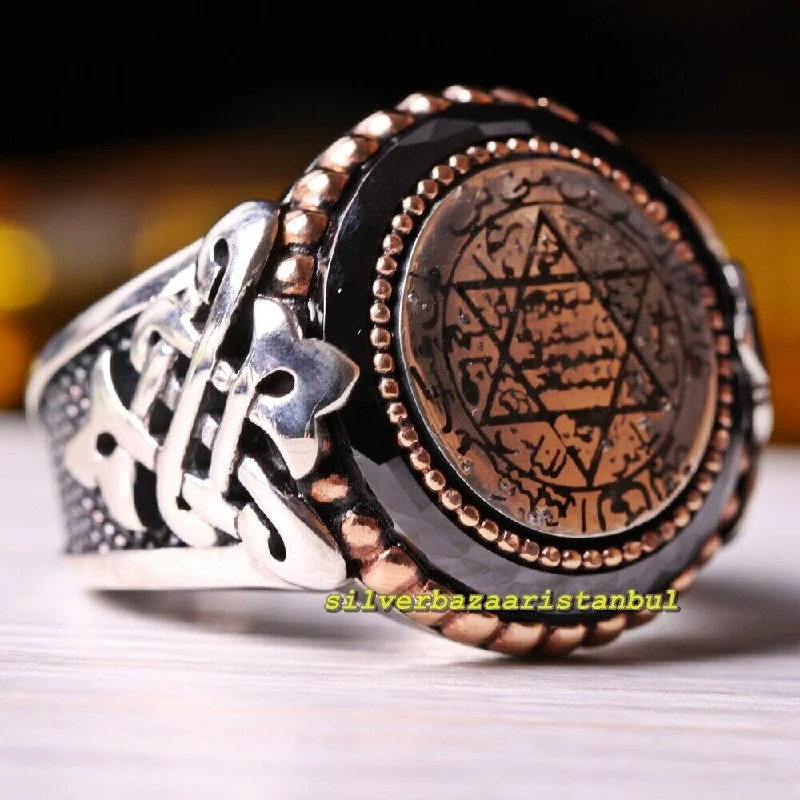 Islamic Onyx Seal Of Solomon Handmade 925 Sterling Silver Mens Ring