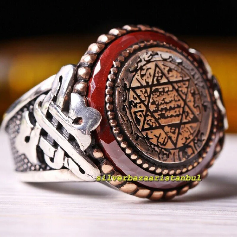 Islamic Seal Of Solomon Agate Aqeeq 925 Sterling Silver Mens Ring