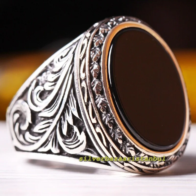 Leaf Design Black Onyx Stone Handmade 925 Sterling Silver Mens Ring