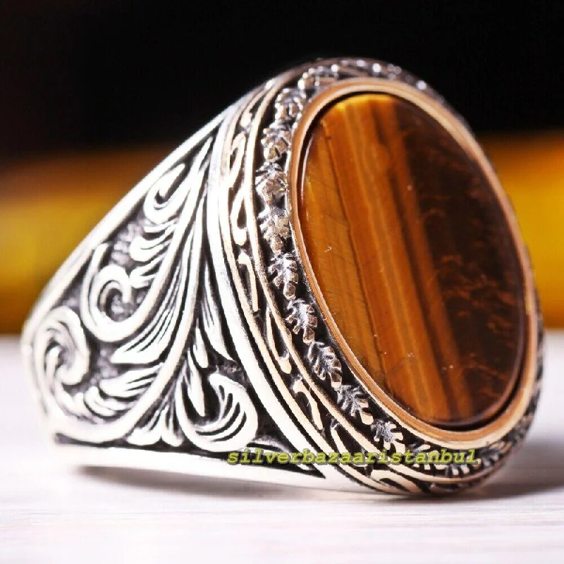 Leaf Design Natural Tigers Eye Stone 925 Sterling Silver Mens Ring