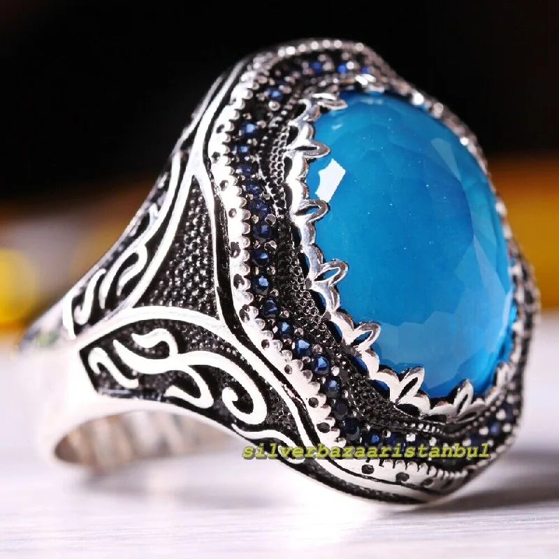 Luxury Aquamarine and Sapphire Stone 925 Sterling Silver Mens Ring