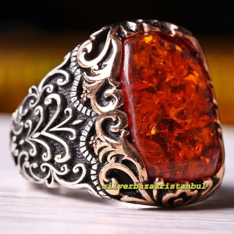 Luxury Natural Orange Amber Stone 925 Sterling Silver Mens Ring