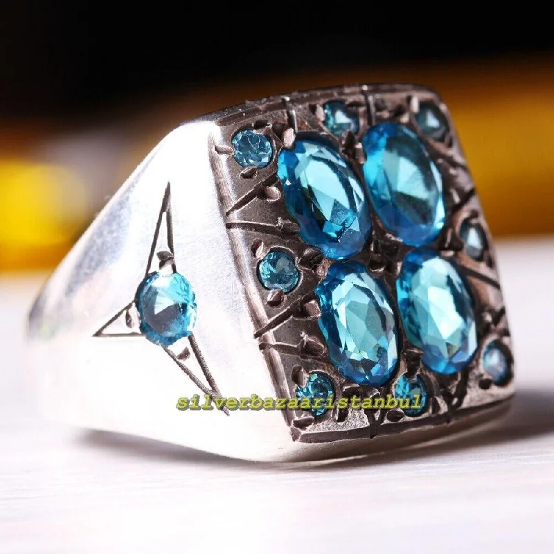 Multi Original Aquamarine Stone Luxury 925 Sterling Silver Mens Ring