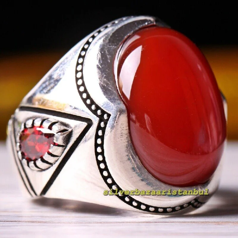 Natural Agate Aqeeq and Ruby Stone 925 Sterling Silver Mens Ring