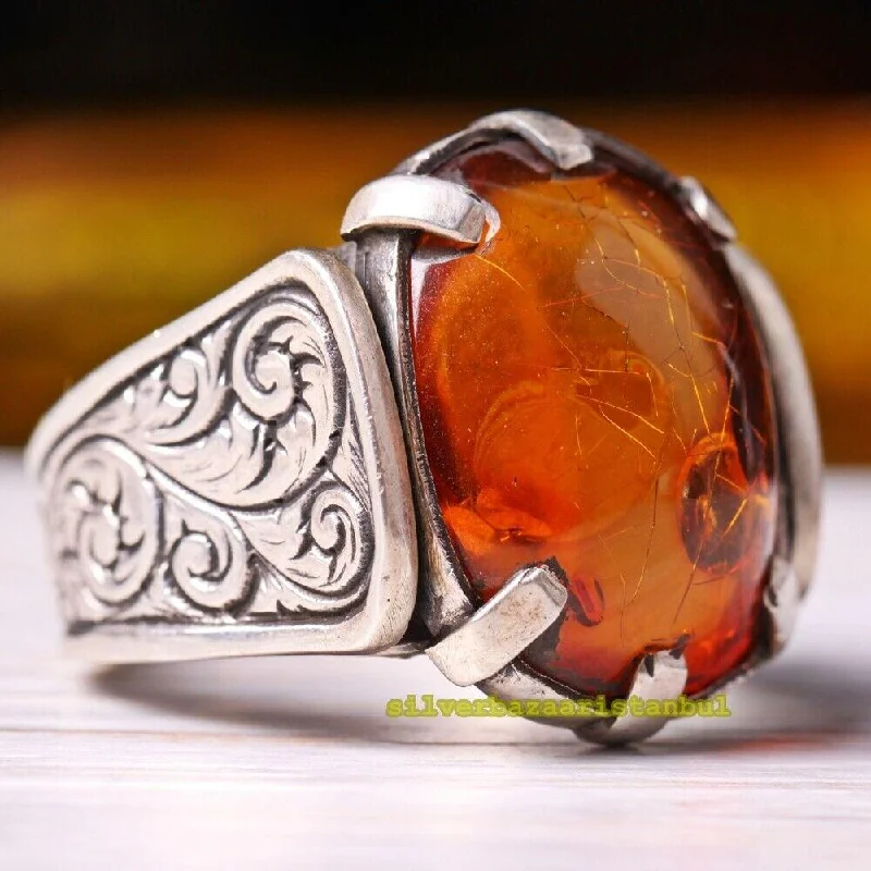 Natural Baltic Amber Luxury 925 Sterling Silver Mens Ring