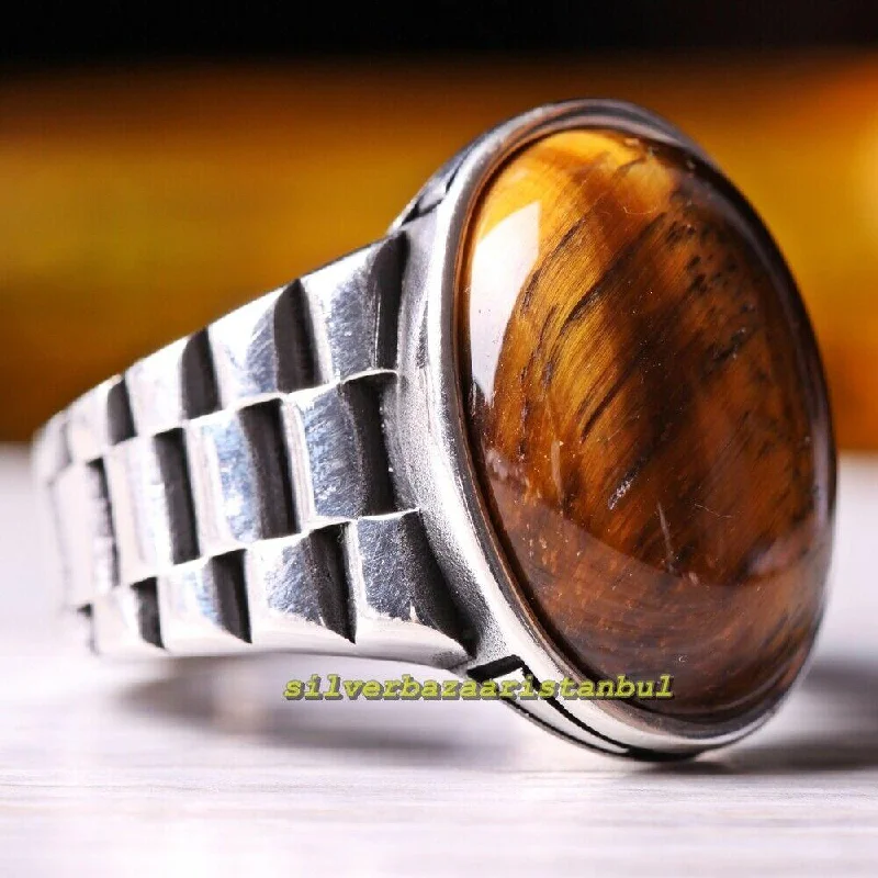 Natural Brown Tigers Eye Stone 925 Sterling Silver Mens Ring