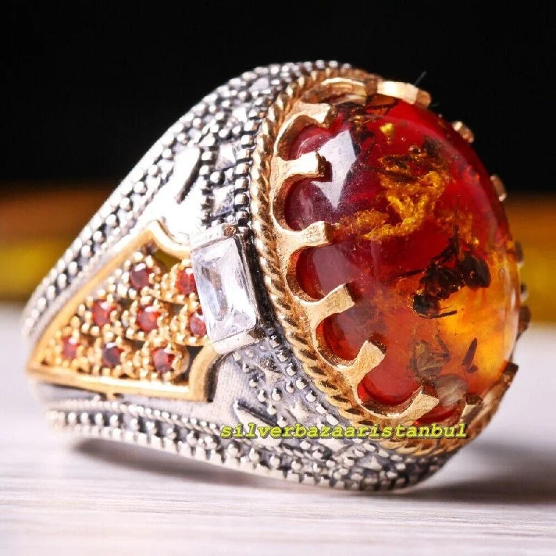 Natural Citrine and Fossil Amber Stone 925 Sterling Silver Mens Ring