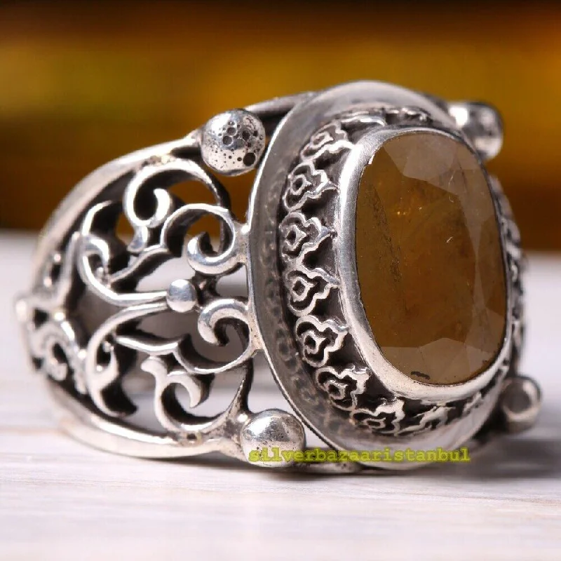 Natural Citrine Stone Turkish Handmade 925 Sterling Silver Mens Ring