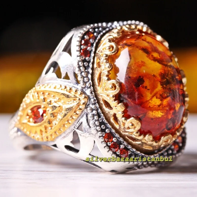 Natural Fossil Amber and Citrine Stone 925 Sterling Silver Mens Ring