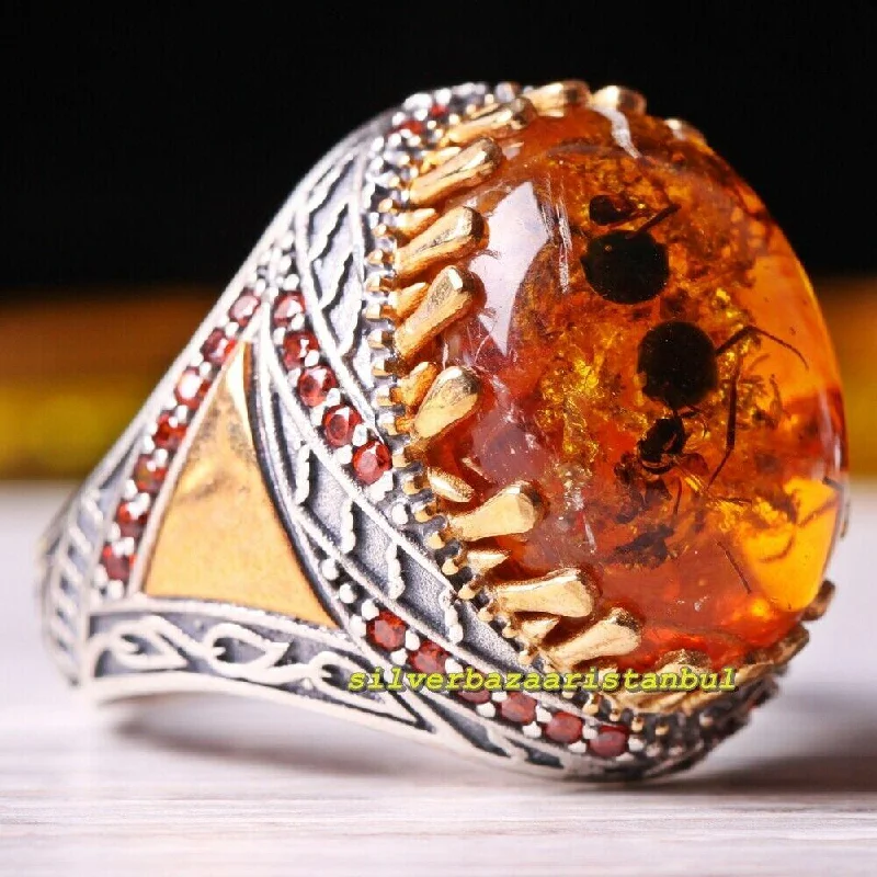 Natural Fossil Amber and Citrine Stone 925 Sterling Silver Mens Ring