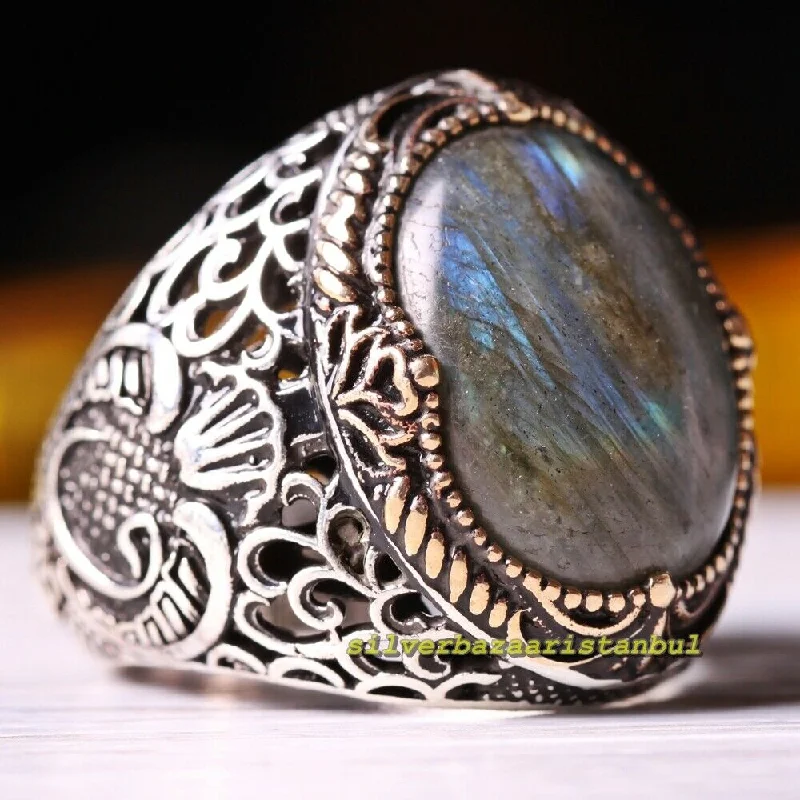 Natural Labradorite Stone Handmade 925 Sterling Silver Mens Ring