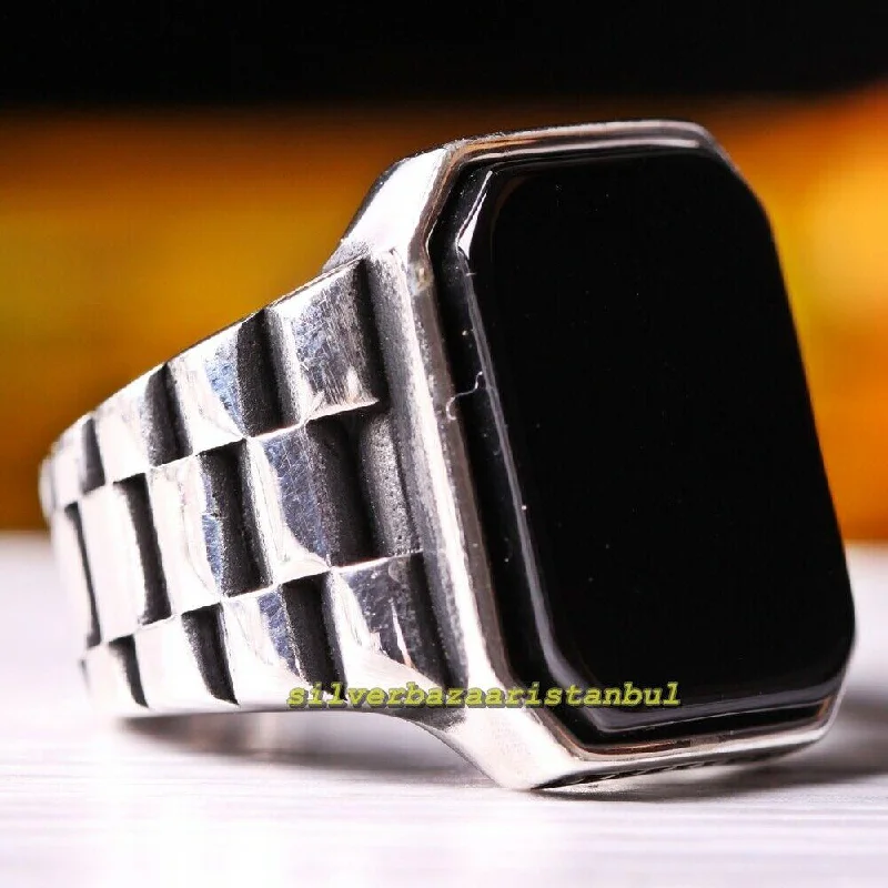 Natural Rectangle Black Onyx Stone 925 Sterling Silver Mens Ring