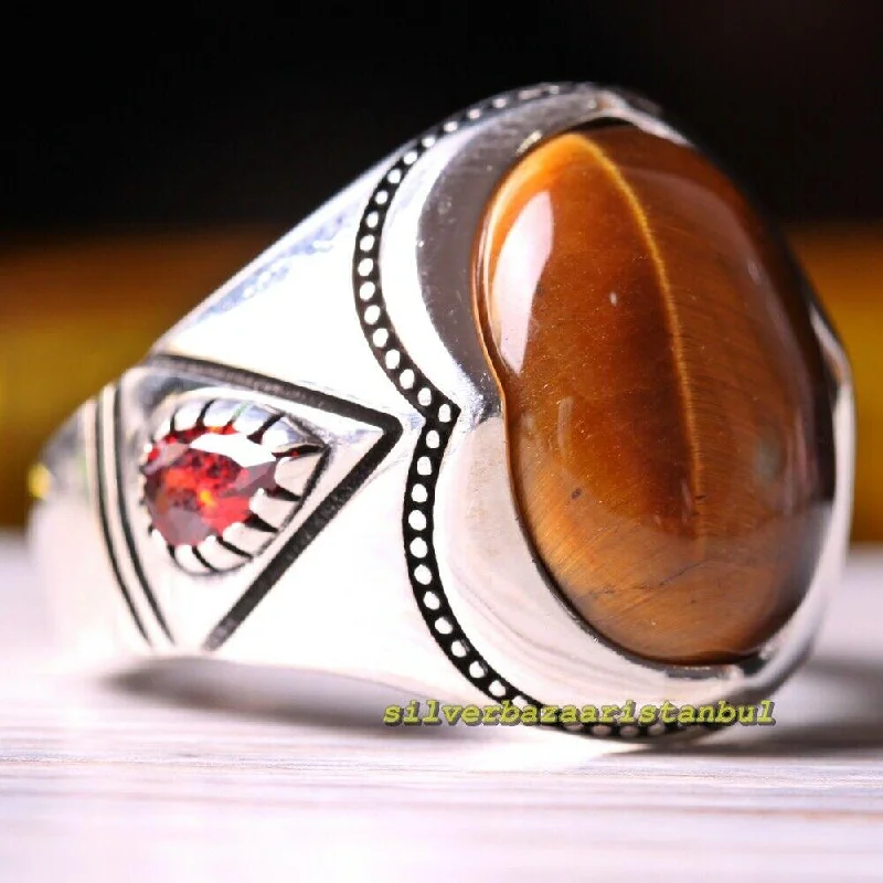 Natural Tigers Eye and Ruby Stone 925 Sterling Silver Mens Ring