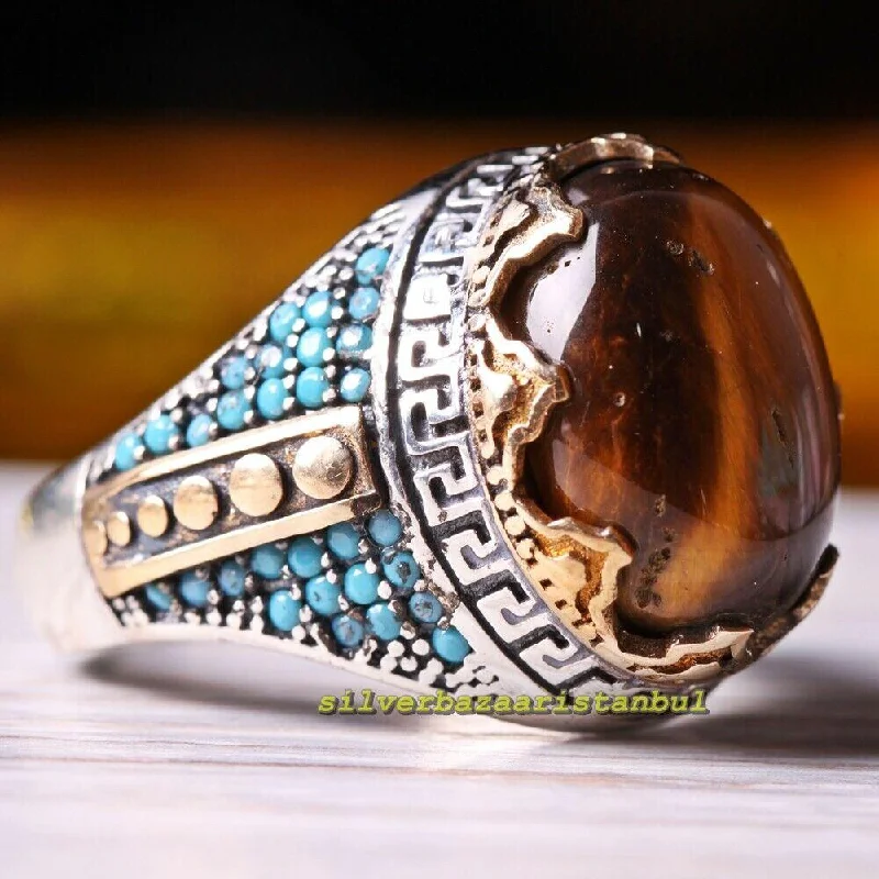 Natural Tigers Eye and Turquoise 925 Sterling Silver Mens Ring