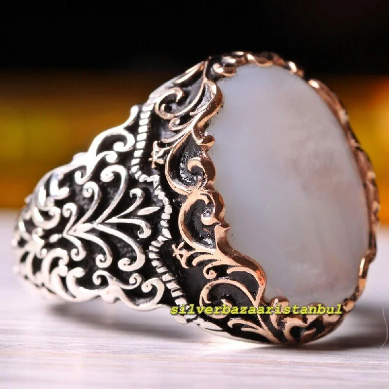 New 925 Sterling Silver Mother of Pearl Stone Mens Ring