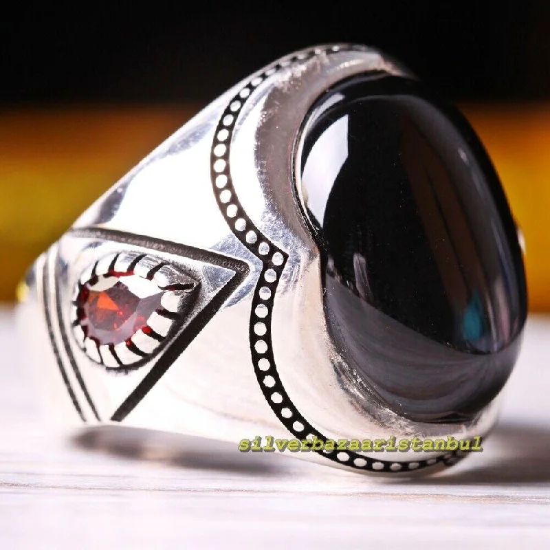 Onyx and Ruby Stone Turkish 925 Sterling Silver Mens Ring