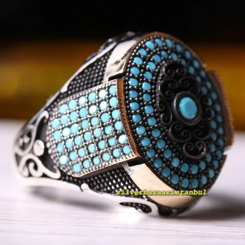 Original 925 Sterling Silver Full Small Turquoise Stone Mens Ring