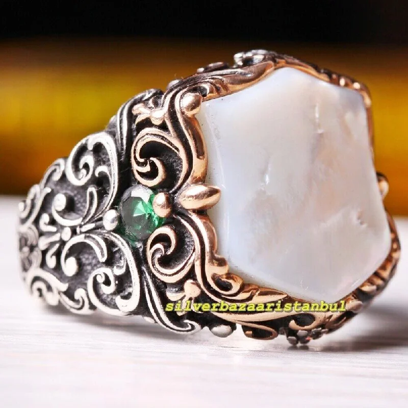 Original 925 Sterling Silver Mother of Pearl Stone Mens Ring