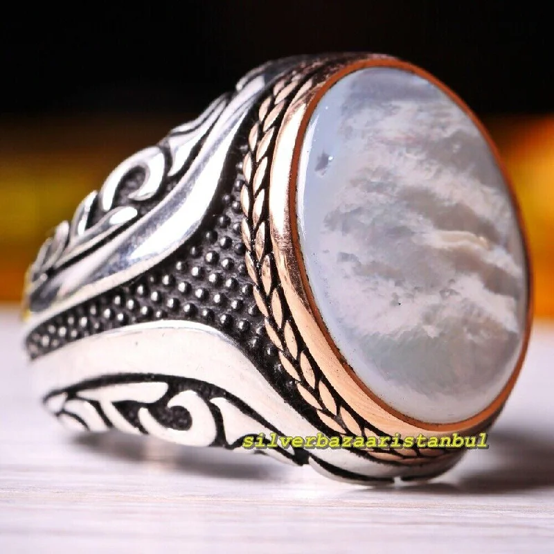 Original 925 Sterling Silver Natural Mother of Pearl Stone Mens Ring