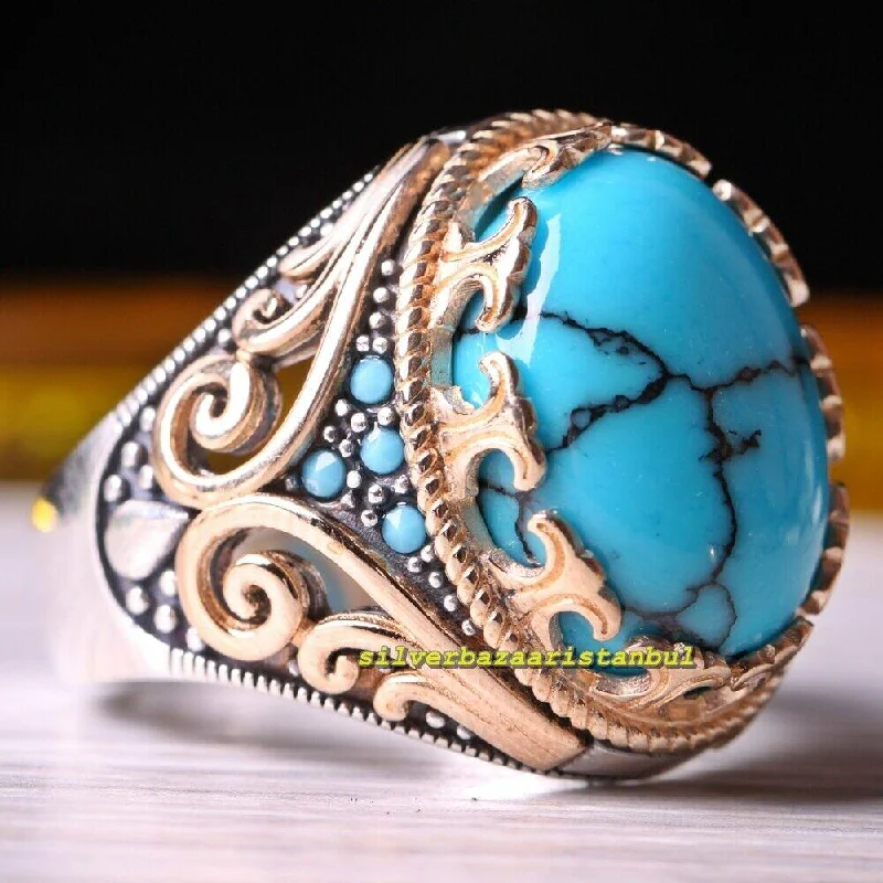 Original 925 Sterling Silver Natural Turquoise Stone Mens Ring