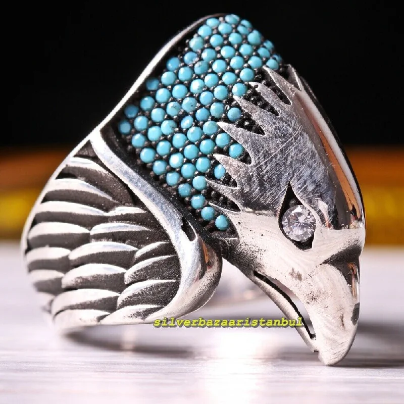 Original 925 Sterling Silver Silver Eagle Turquoise Stone Mens Ring