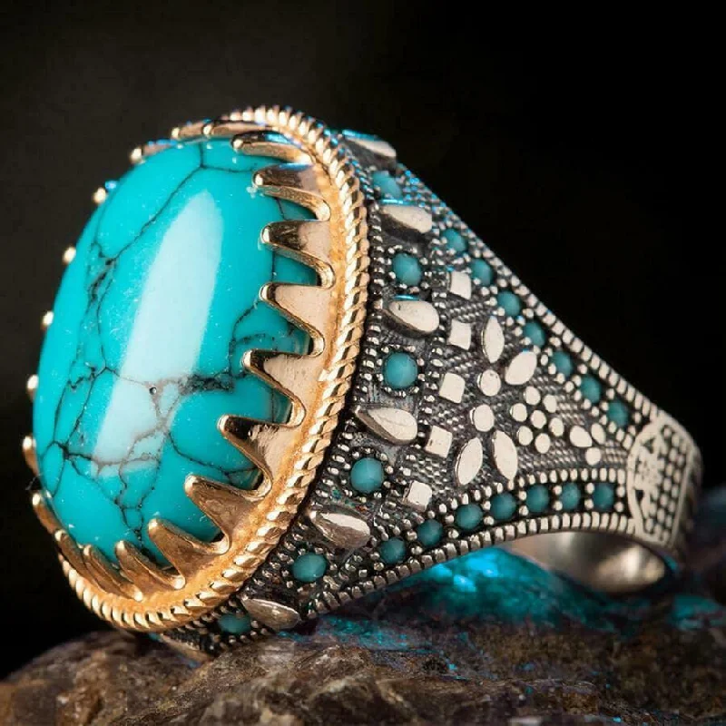 Original 925 Sterling Silver Solid Turquoise Stone Showy Mens Ring